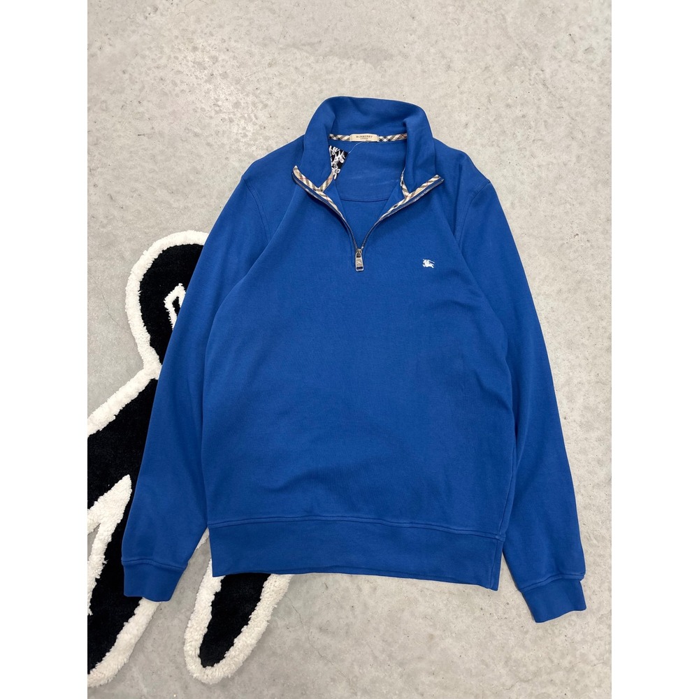 Burberry London Mens Quarter Zip Pullover Blue Nova Check Trim Sweatshirt L